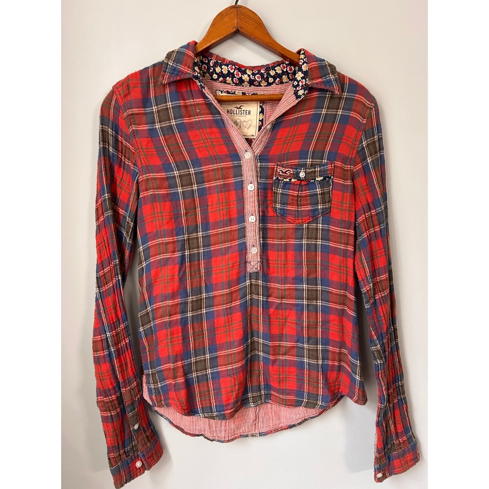 Hollister Womens Red Plaid Pullover Shirt Floral Trim Button Back Long Sleeve S